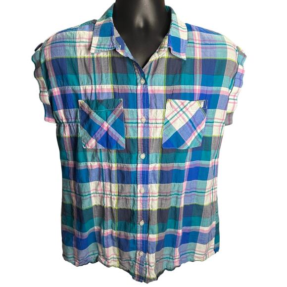 Tommy Hilfiger Plaid Button Up Shirt Women’s Large Multicolor Short Sleeve - Picture 1 of 13